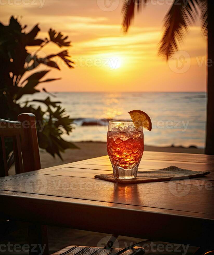 bicchiere di aperol spritz cocktail su di legno tavolo con tramonto sfocatura spiaggia sfondo ai generativo foto