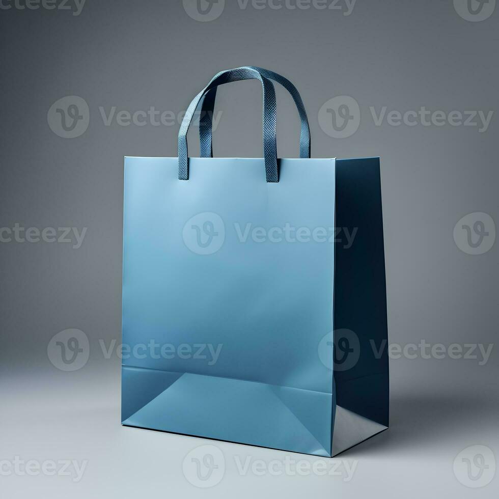 vuoto blu shopping Borsa modello su grigio sfondo. generativo ai foto