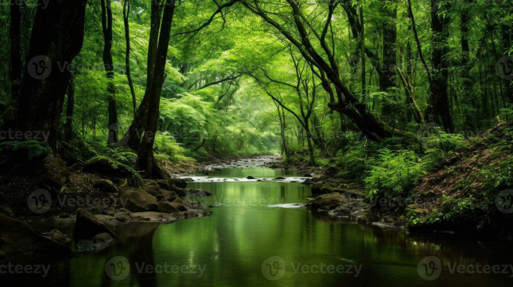 tranquillo, calmo foresta oasi con chiaro ruscello circondato di lussureggiante verdura sfondo sfondo paesaggio. ai generativo foto