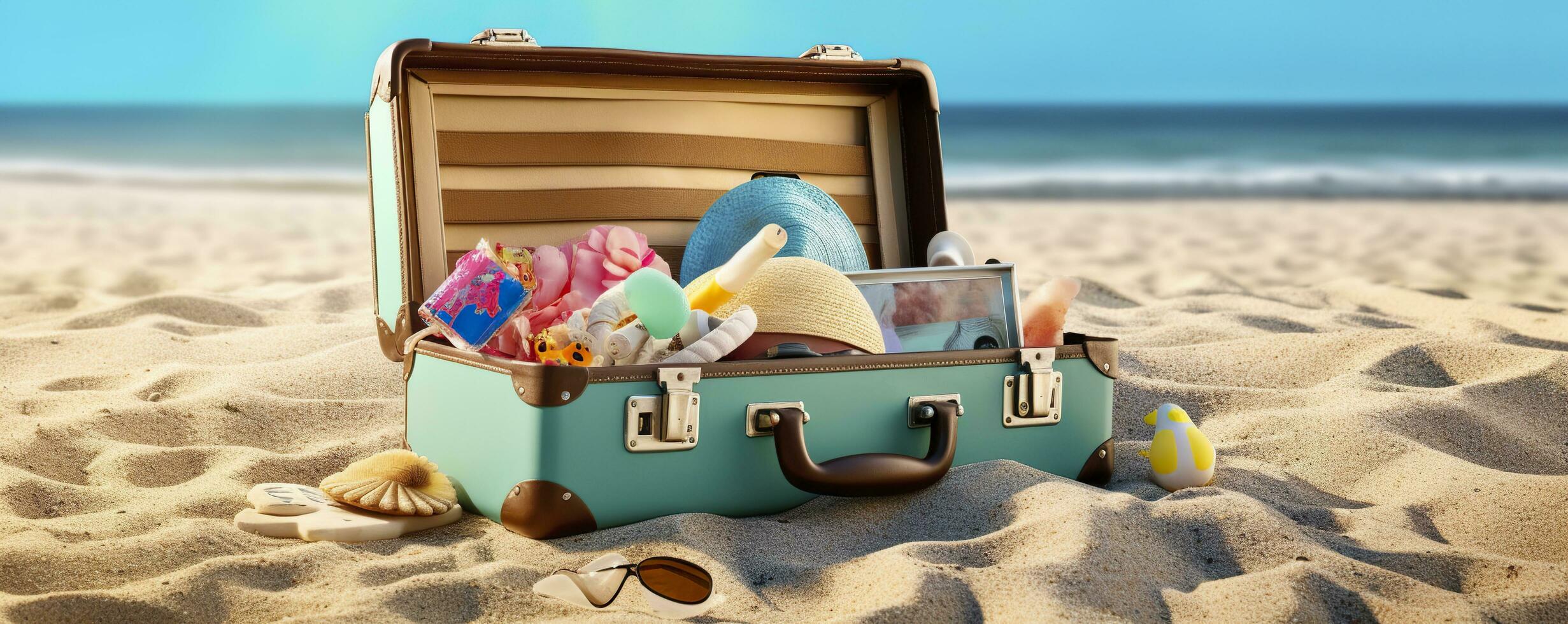 spiaggia preparazione, Accessori nel valigia su sabbia. generativo ai foto