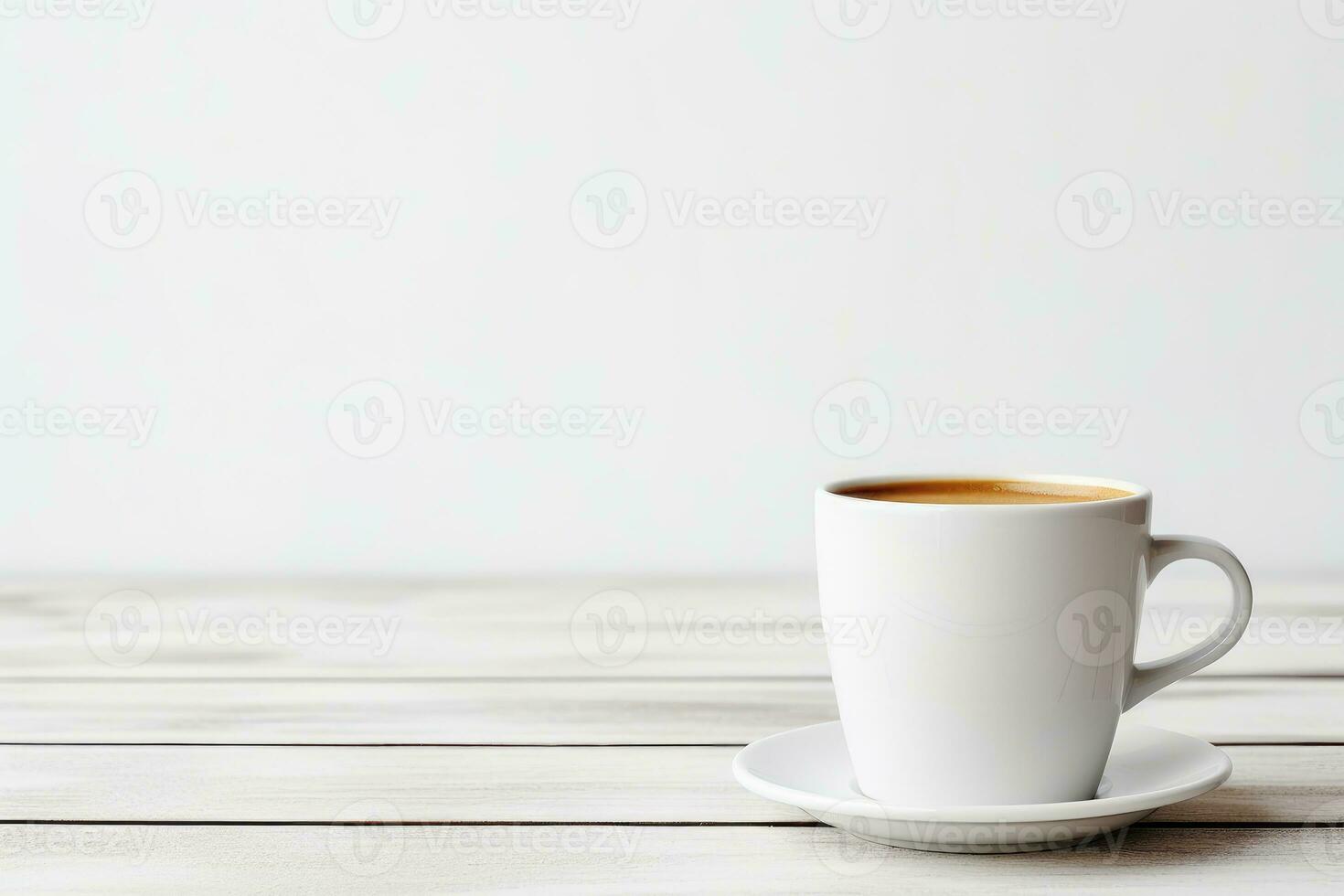 caffè tazza su bianca di legno tavolo ai generativo foto