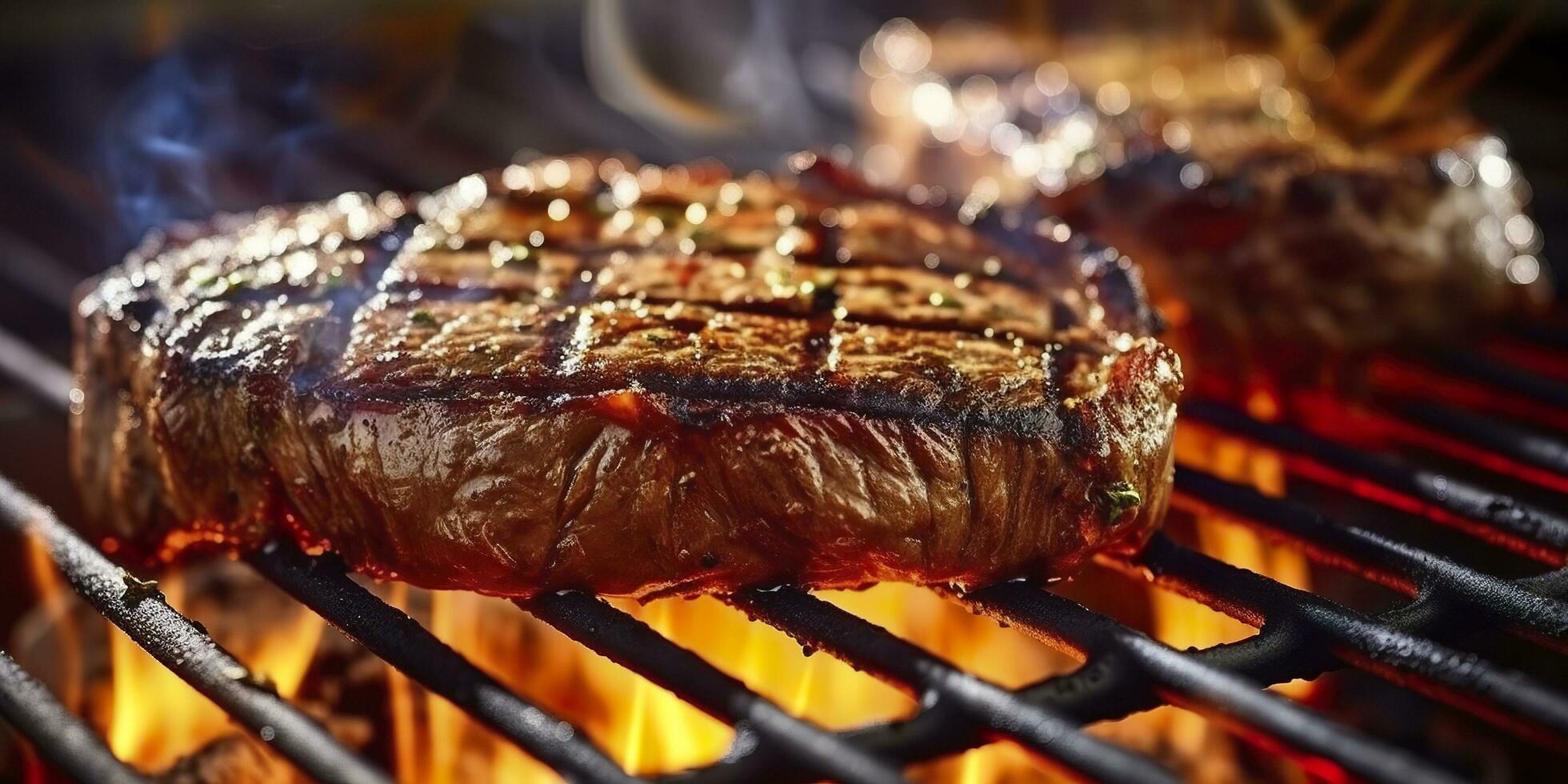 Manzo ribeye bistecca grigliate su un' fiammeggiante griglia. generativo ai foto