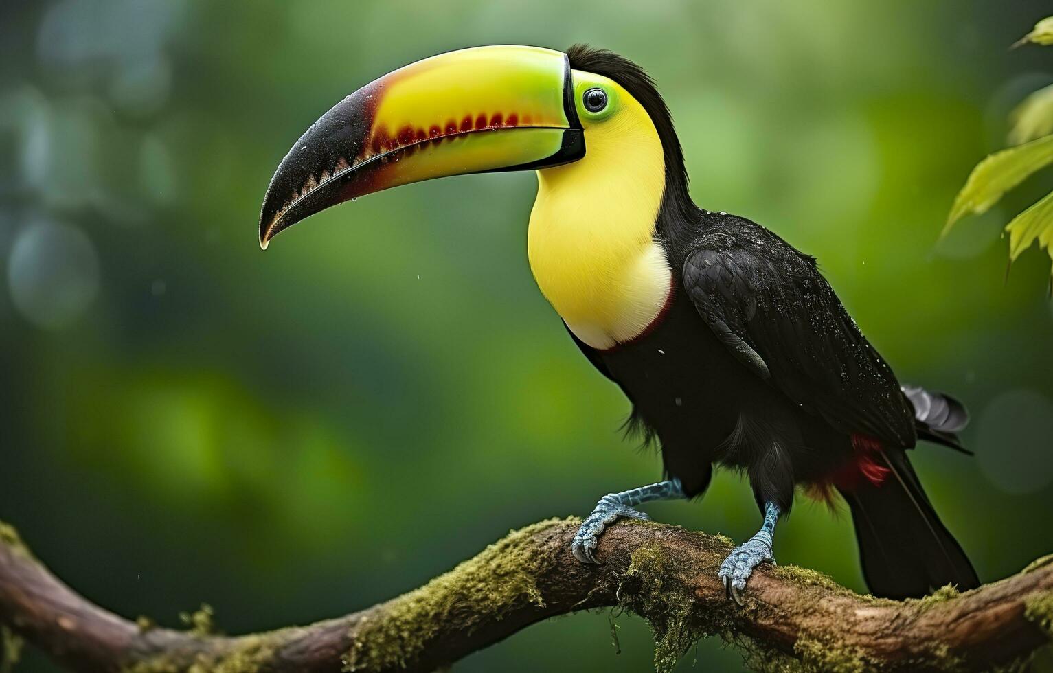 castagno mandibolato tucano seduta su il ramo nel tropicale pioggia con un' verde giungla. generativo ai foto