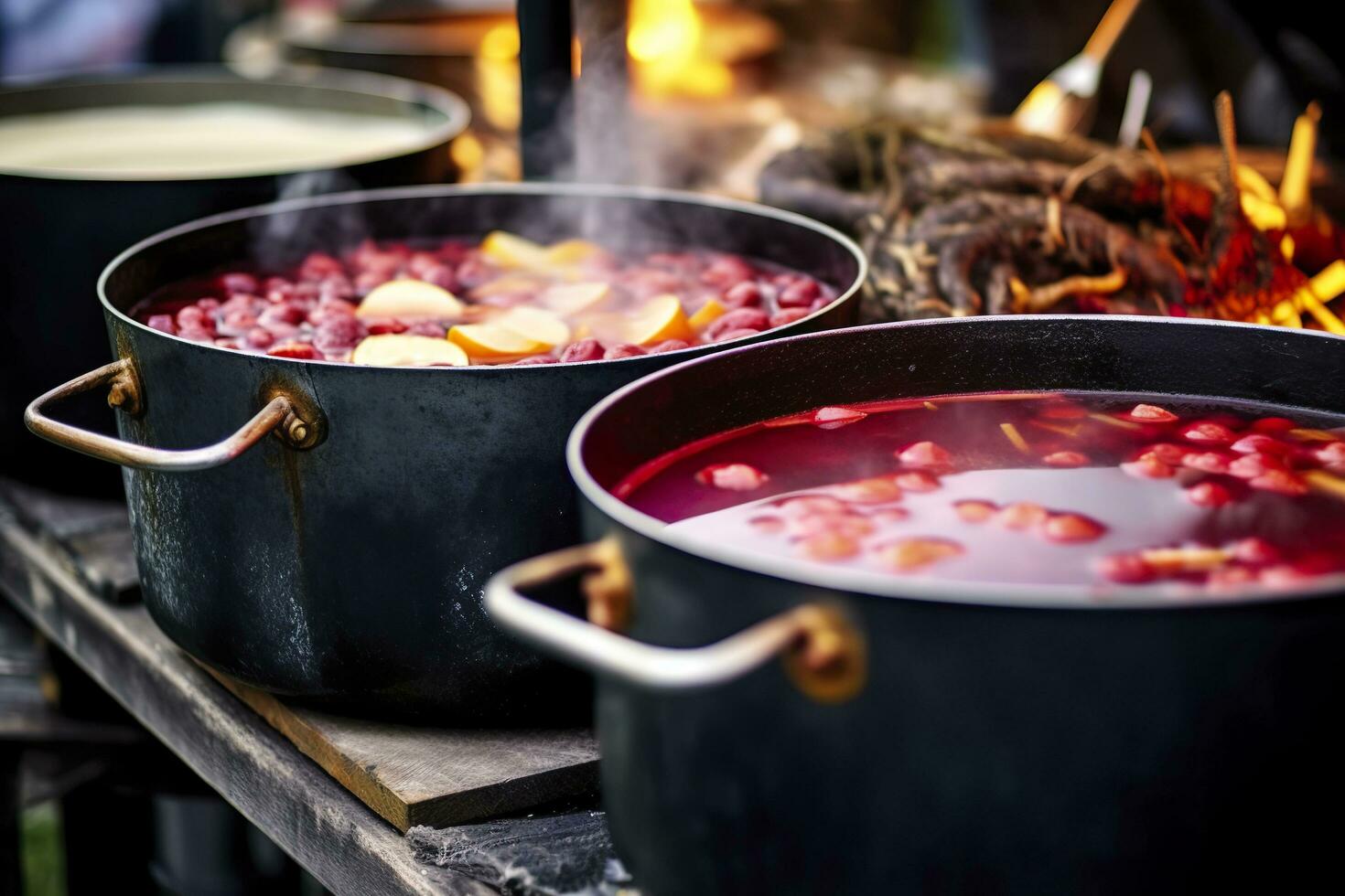 bevande frutta e frutti di bosco caldo vin brulé vino nel pentole con vapore nel strada cibo mercato. generativo ai foto