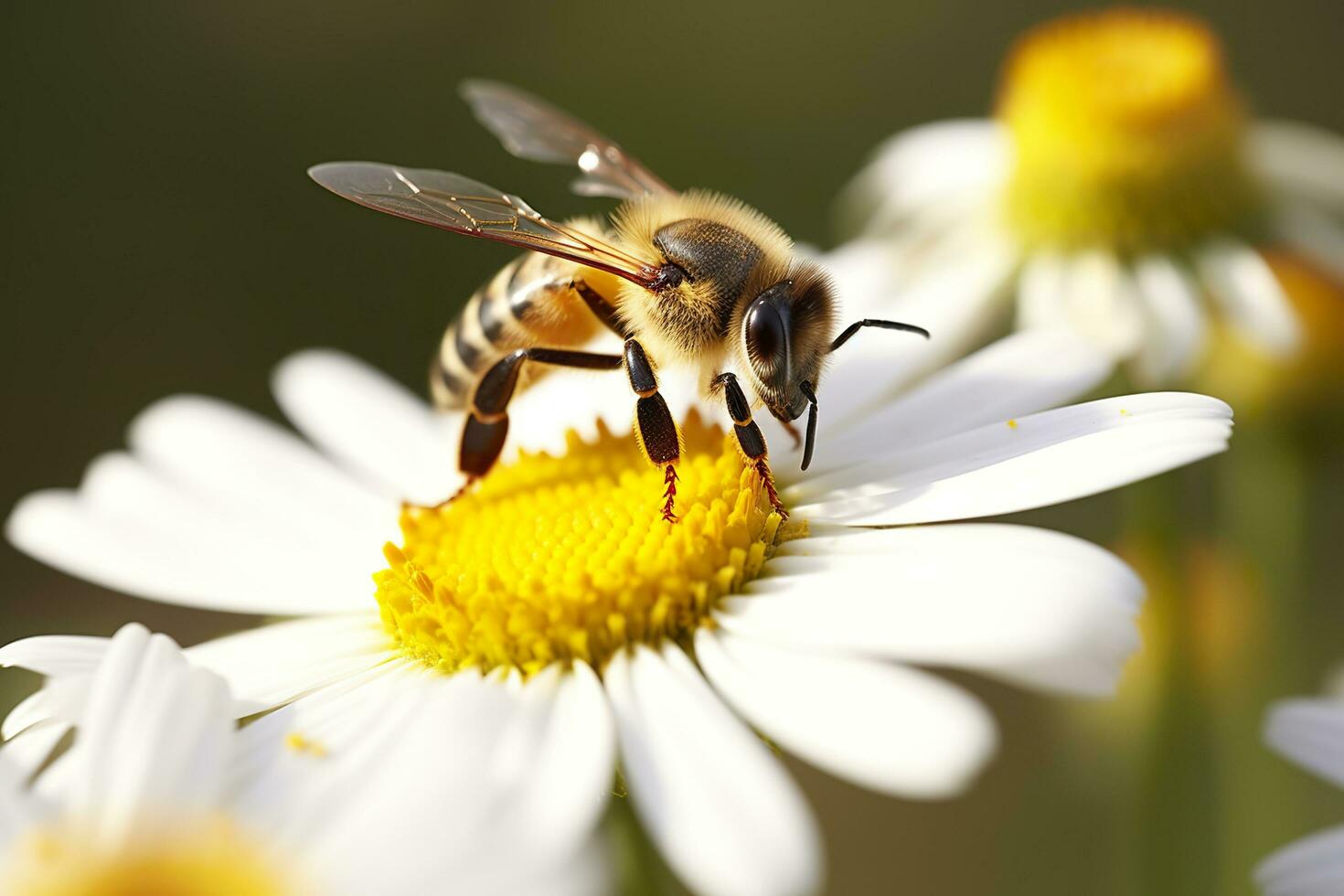ape e fiore. vicino su di un' ape raccolta miele su un' margherita fiore su un' soleggiato giorno. generativo ai foto