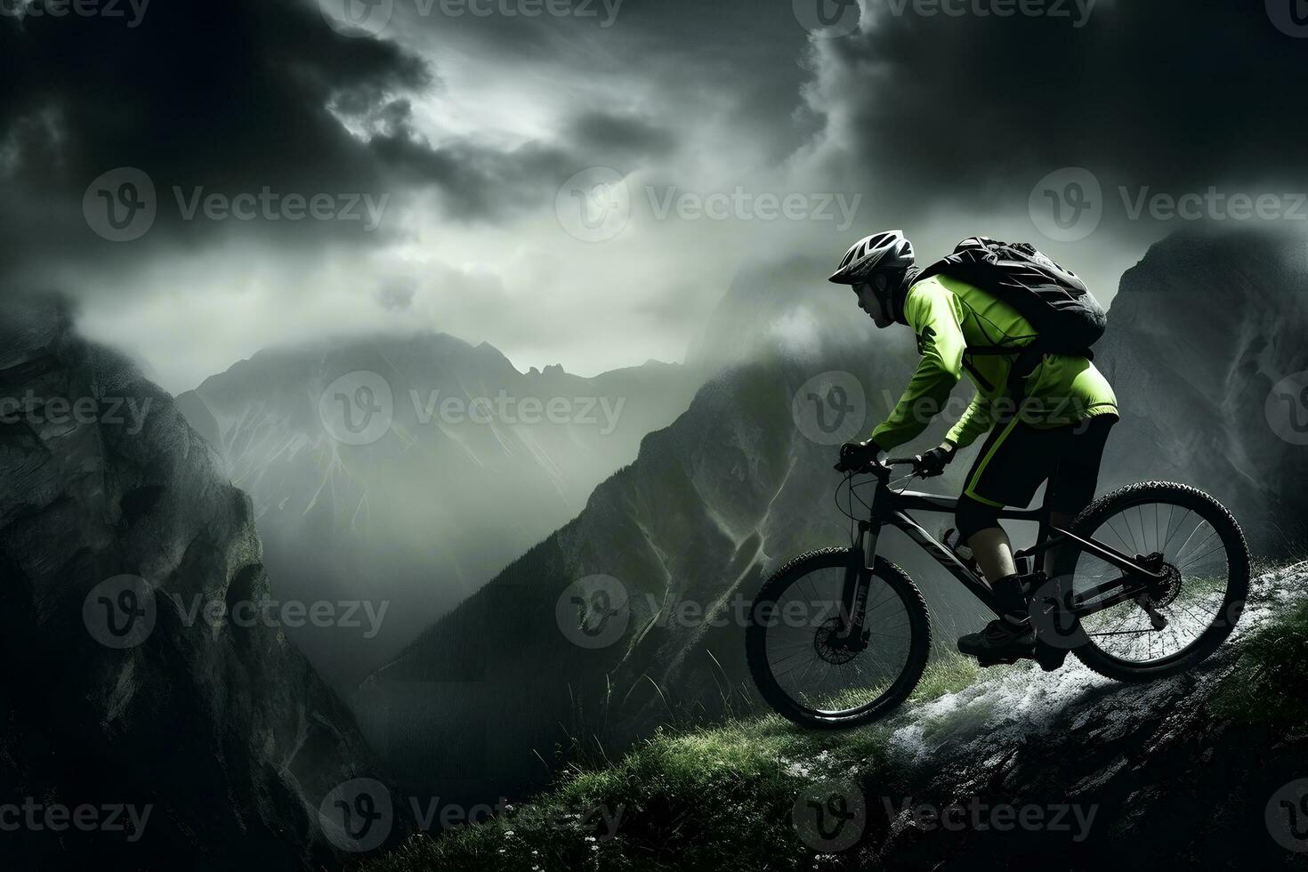montagna bicicletta ciclista equitazione singolo traccia. neurale Rete ai generato foto