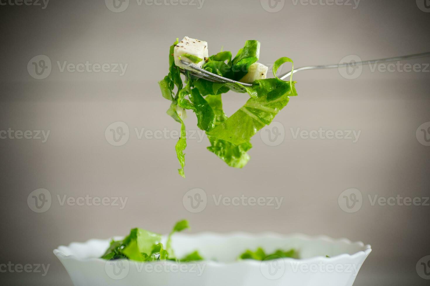 fresco verde lattuga insalata con Mozzarella e erbe aromatiche su un' forchetta foto