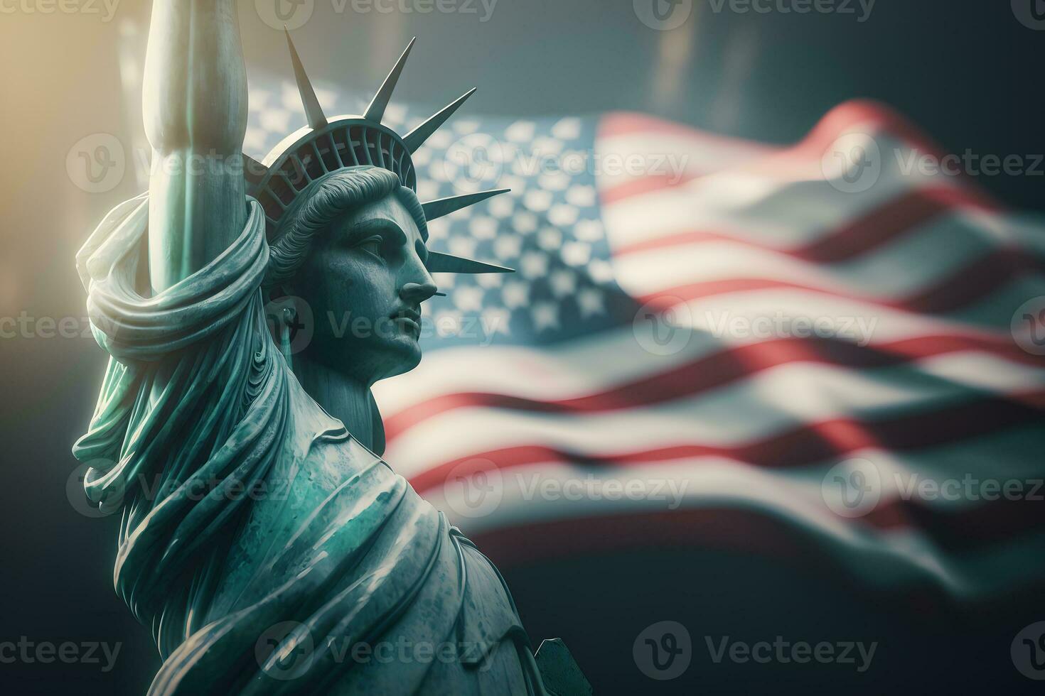 statua di libertà su il sfondo di il americano bandiera. democrazia e la libertà concetto. neurale Rete ai generato arte foto