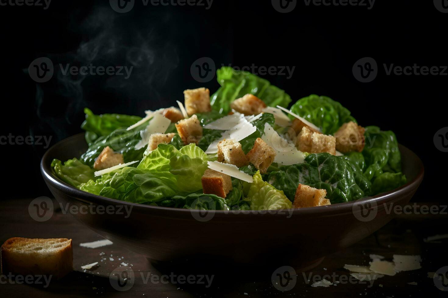 Cesare insalata con grigliato pollo, crostini, Quaglia uova e ciliegia pomodori su di legno rustico tavolo. neurale Rete ai generato foto
