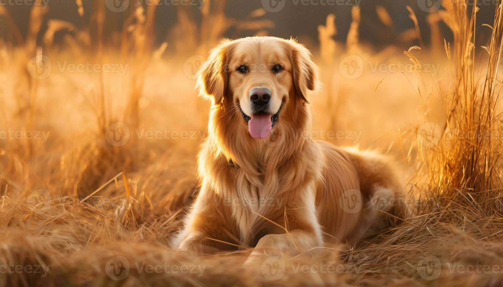 d'oro cane da riporto cane seduta nel il erba a tramonto ai generato foto