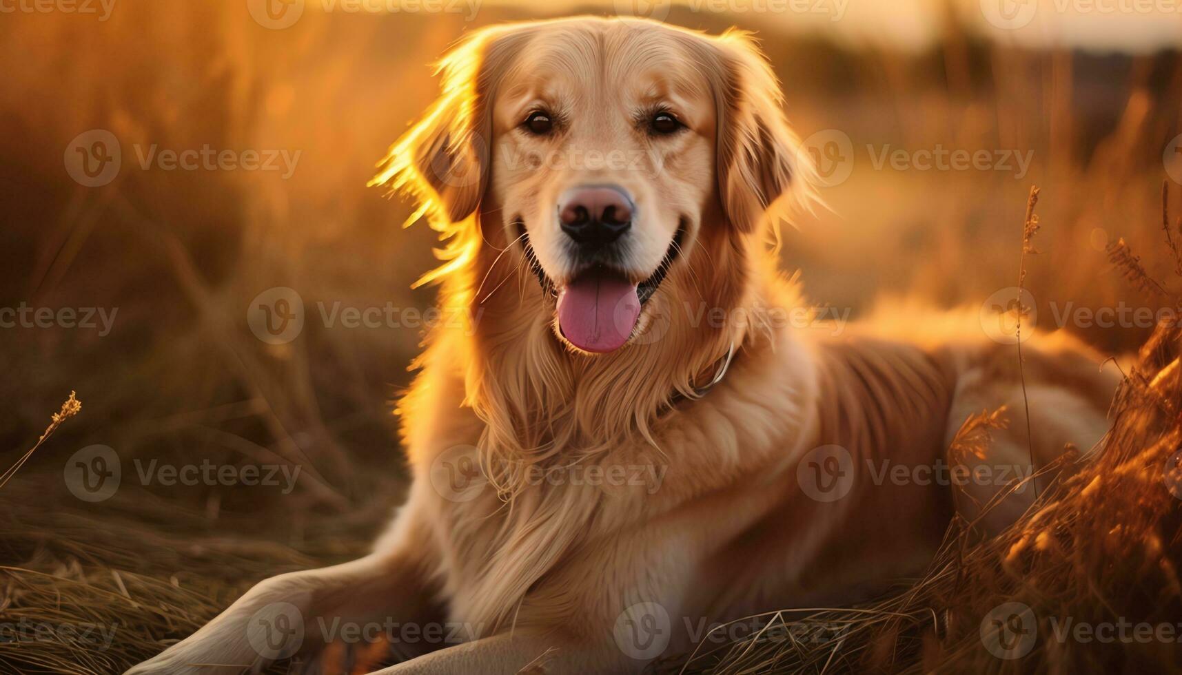 d'oro cane da riporto cane seduta nel il erba a tramonto ai generato foto