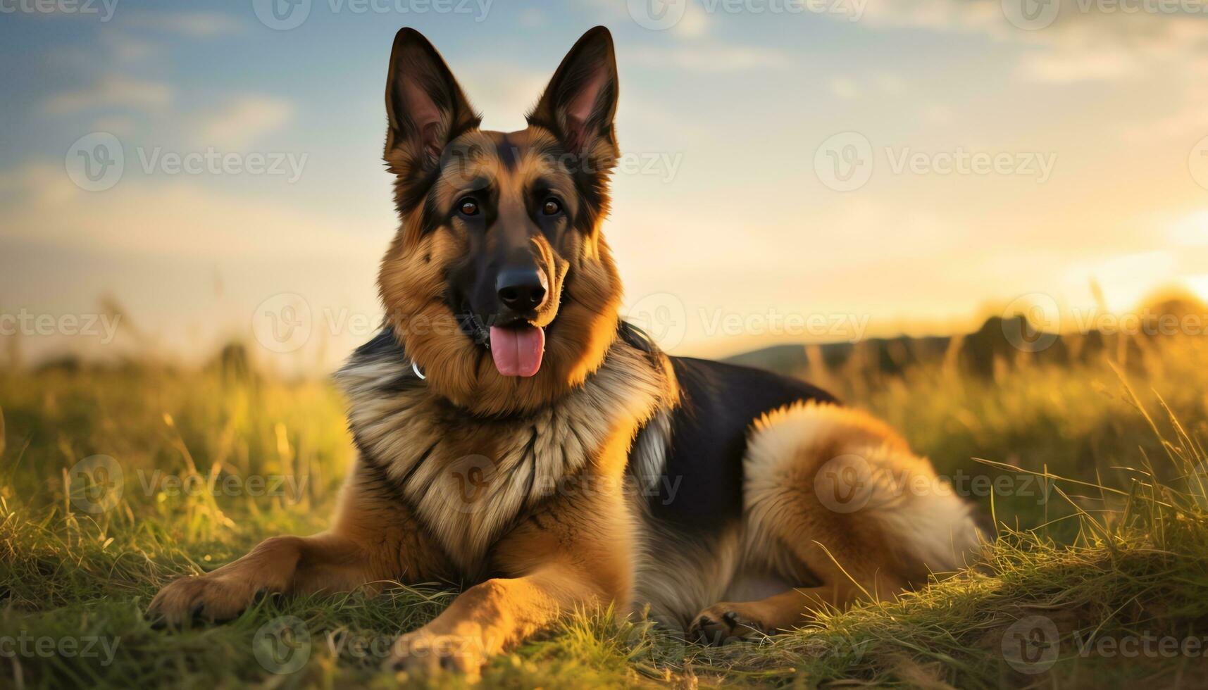 Tedesco pastore cane posa nel il erba a tramonto ai generato foto