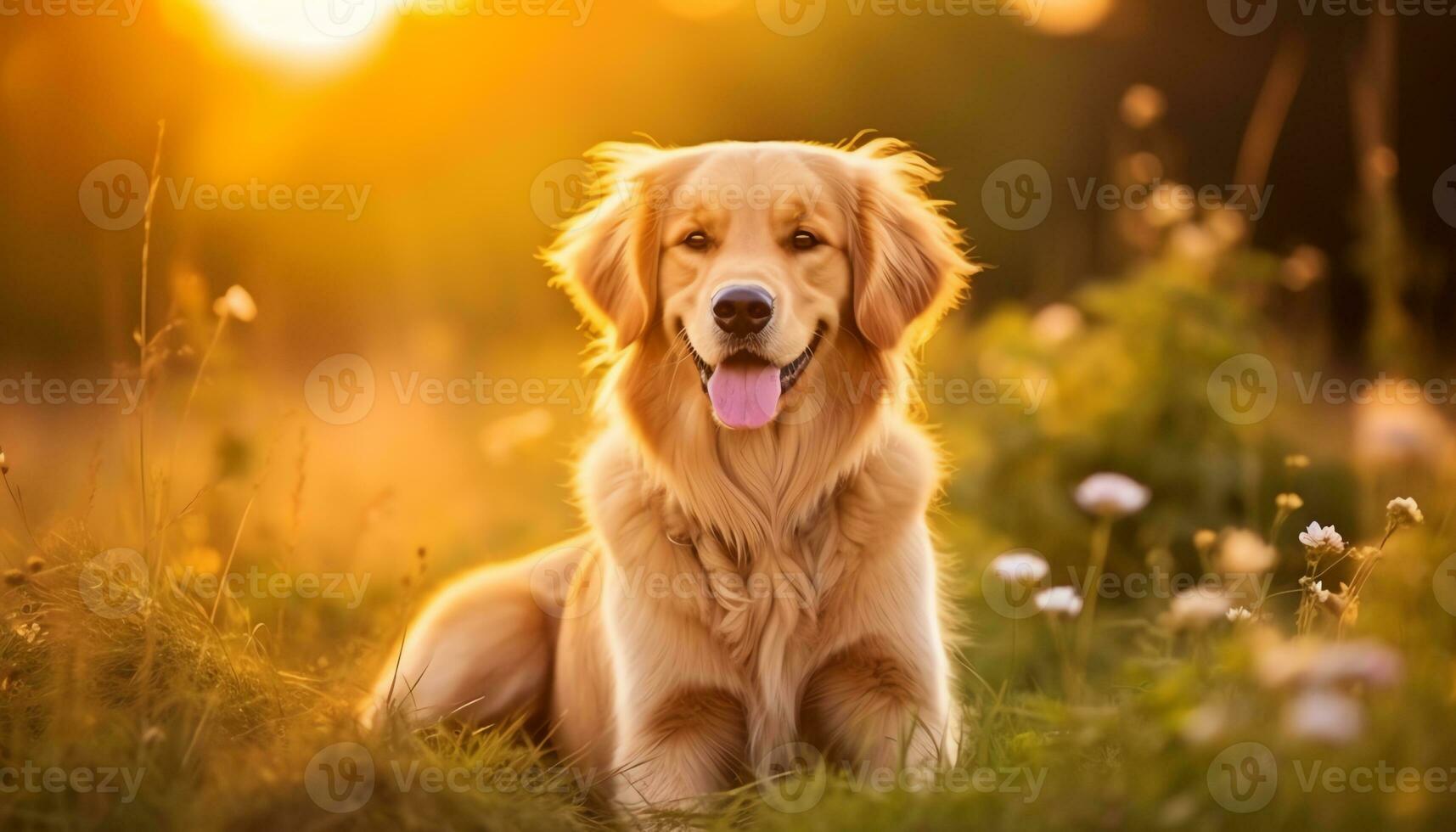 un' cane è seduta nel il erba a tramonto ai generato foto