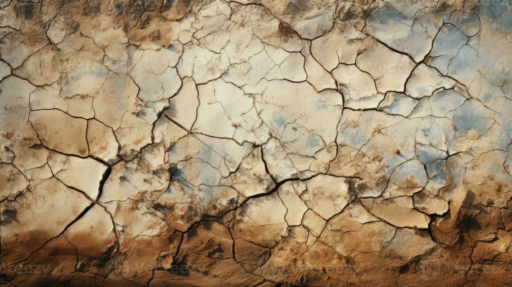 un' asciutto fiume letto con in profondità crepe e ruvido suolo nel caldo toni HD struttura sfondo. altamente dettagliato ai generativo foto