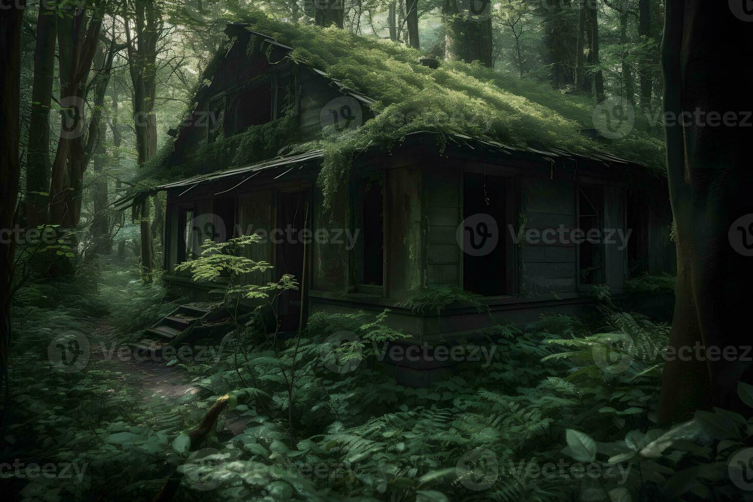 abbandonato cabina nel il foresta. neurale Rete ai generato foto