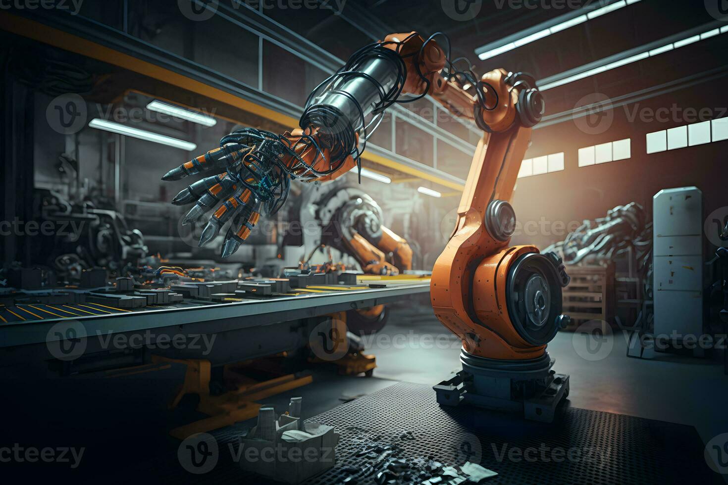 nuovo robot ambientazione di macchina saldatura per il produzione linea di veicolo industriale fabbrica. neurale Rete ai generato foto