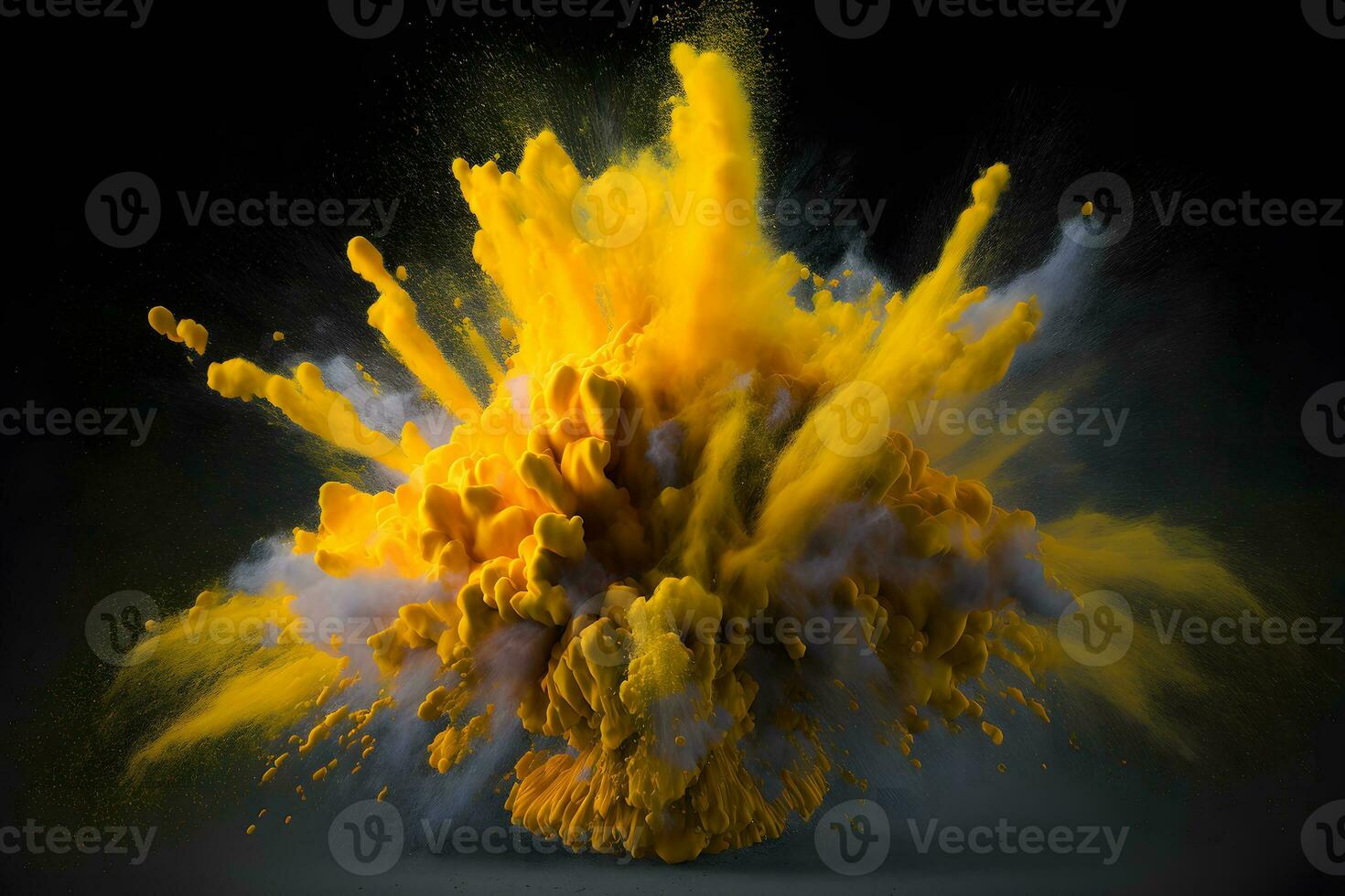 esplosione di giallo colore dipingere polvere su nero sfondo. neurale Rete generato arte foto