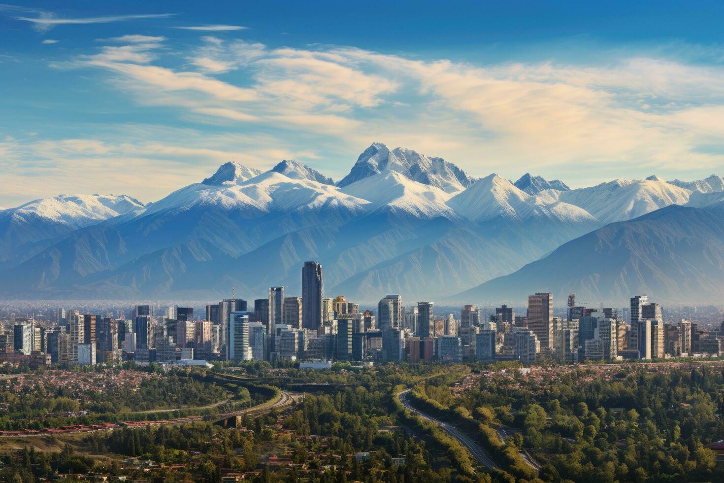 aereo Visualizza di il città di grattacieli e montagne, panorama von santiago, chile mit andenkordillere, ai generato foto