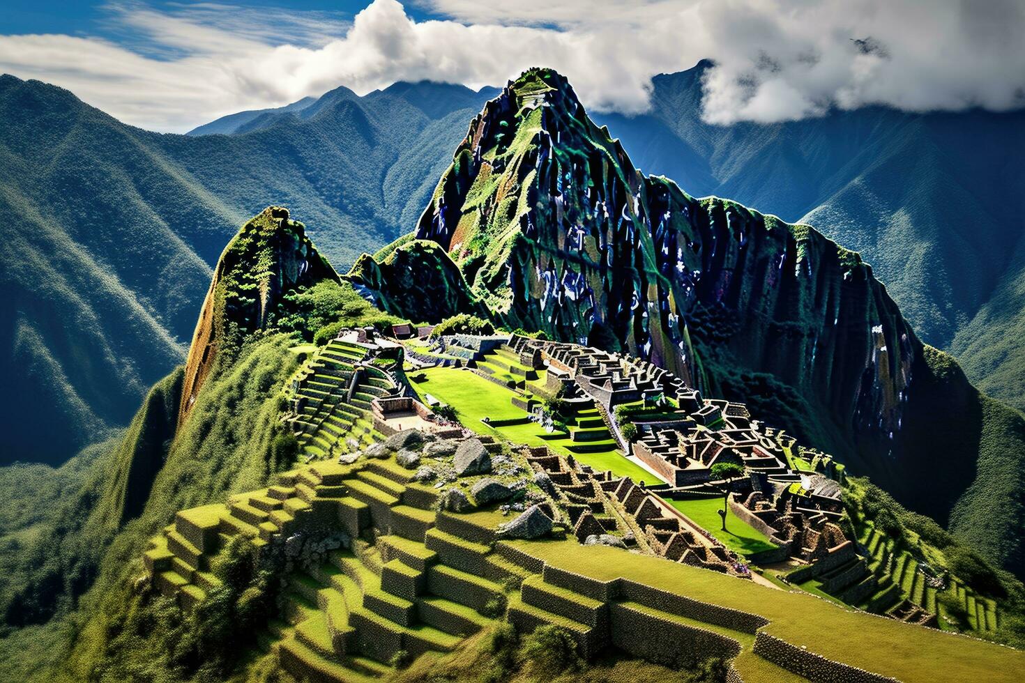machu picchu è un inca archeologico luogo nel Perù, panoramica di machu piccù, agricoltura terrazze e wayna picchu picco nel il sfondo, ai generato foto
