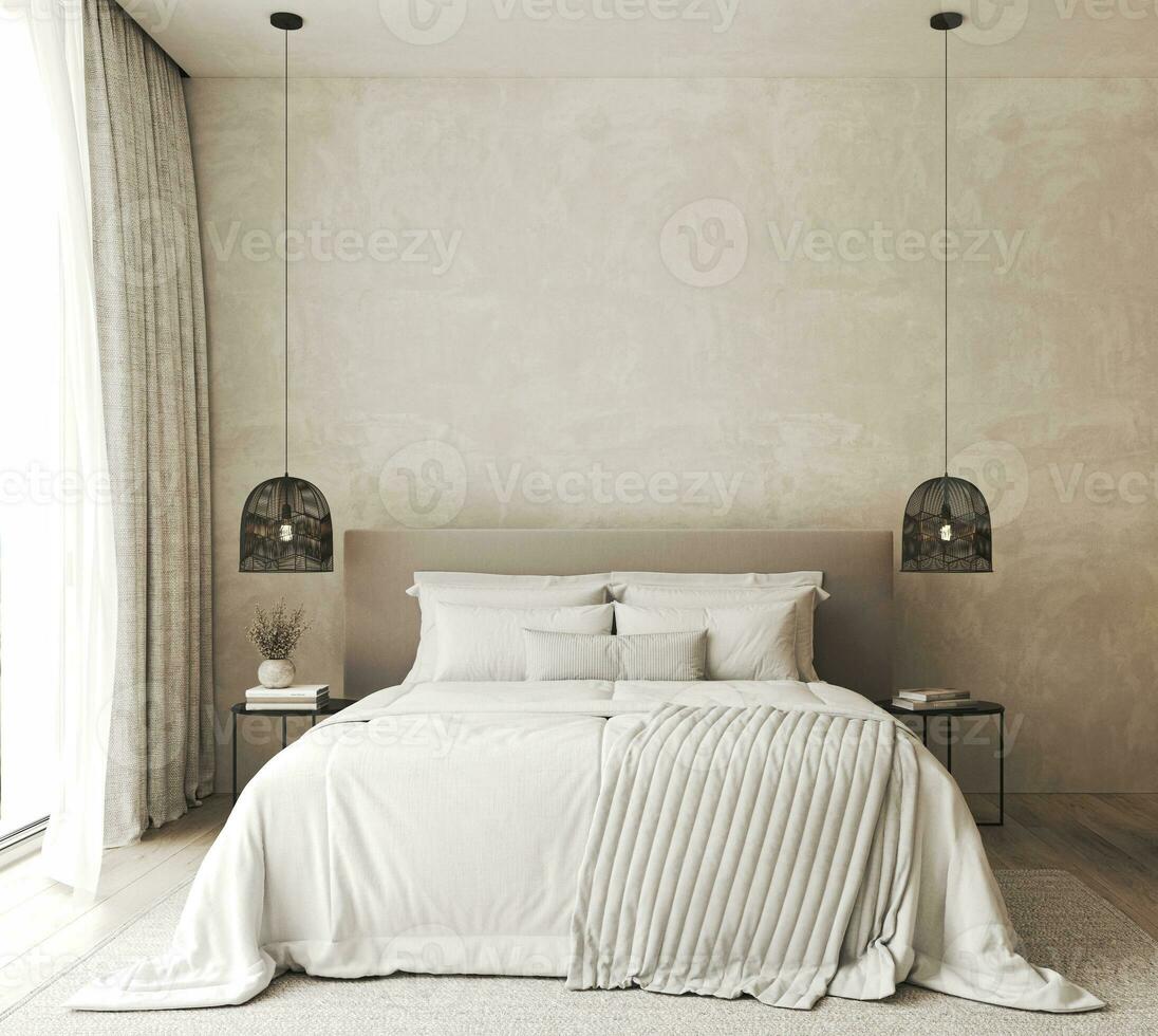 casa interno Camera da letto con letto e lampada. bianca biancheria da letto e nero capezzale tavolo sfondo. 3d resa. alto qualità 3d illustrazione foto