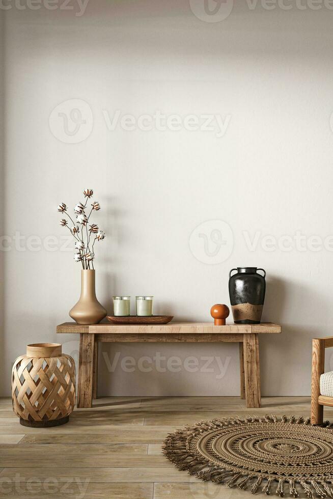 boho beige soggiorno con console, asciutto impianti e vaso sfondo. leggero moderno natura Visualizza. 3d resa. alto qualità 3d illustrazione foto