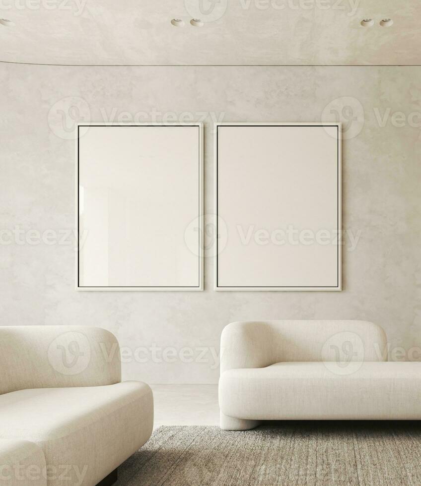 boho beige soggiorno con 2 bianca divano e Due immagine telaio sfondo. leggero moderno giapponese natura Visualizza. 3d resa. alto qualità 3d illustrazione foto