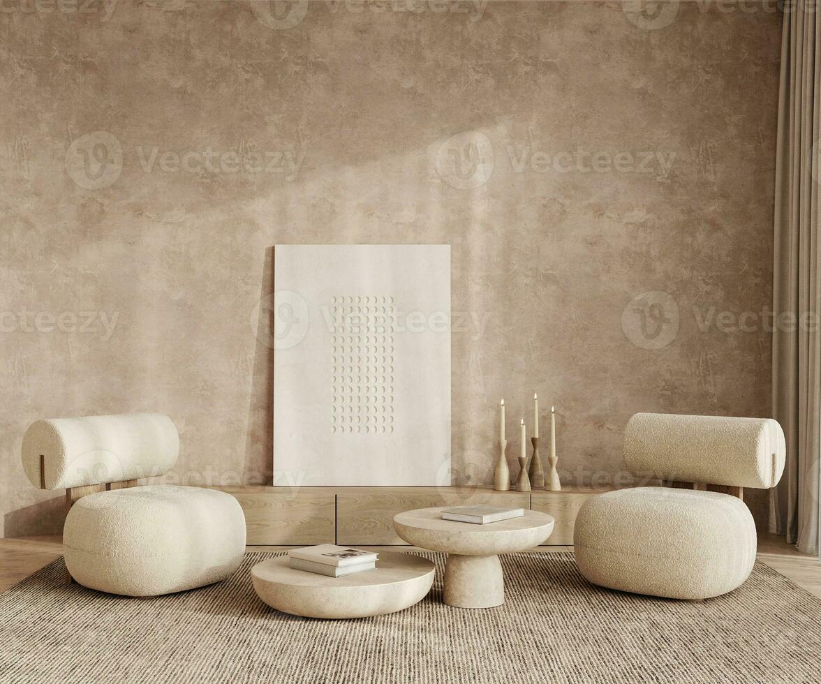 un' tranquillo ambientazione nel un' moderno vivente camera, ornato con biologico textures e minimalista arredamento. 3d resa. alto qualità 3d illustrazione. foto