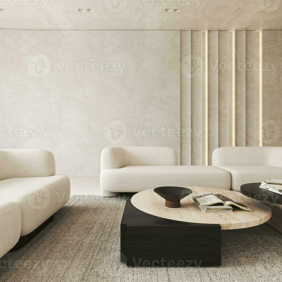 boho beige soggiorno con pannelli illuminato e arredamento tappeto sfondo. leggero moderno giapponese natura Visualizza. 3d resa. alto qualità 3d illustrazione foto