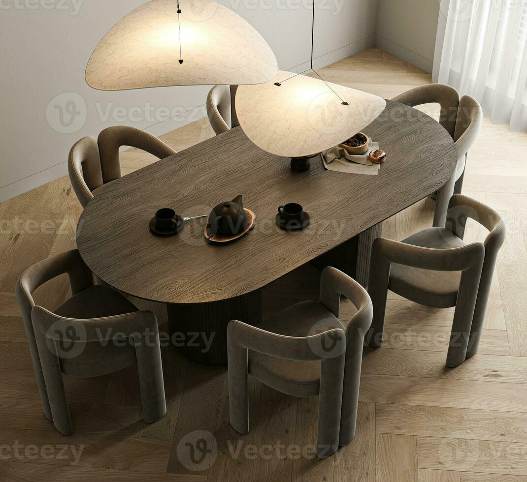 moderno minimo stile di legno cucina interno con finestra sfondo. natura design superiore Visualizza. 3d resa. alto qualità 3d illustrazione foto