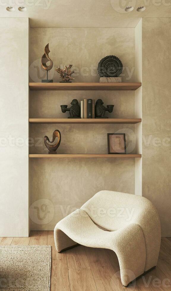 boho beige soggiorno con poltrona e scaffali con libri sfondo. leggero moderno rustico natura interno. 3d resa. alto qualità 3d illustrazione foto