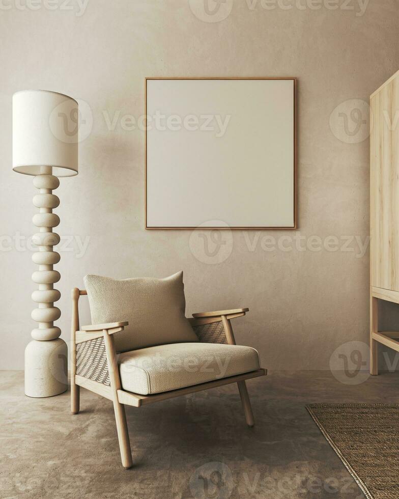 boho beige soggiorno con poltrona e lampada sfondo. leggero moderno giapponese natura interno. 3d resa. alto qualità 3d illustrazione foto