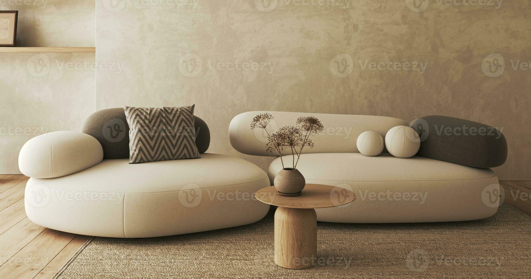 boho beige soggiorno con asciutto pianta e di legno tavolo Visualizza sfondo. leggero moderno giapponese natura interno. 3d resa. alto qualità 3d illustrazione foto