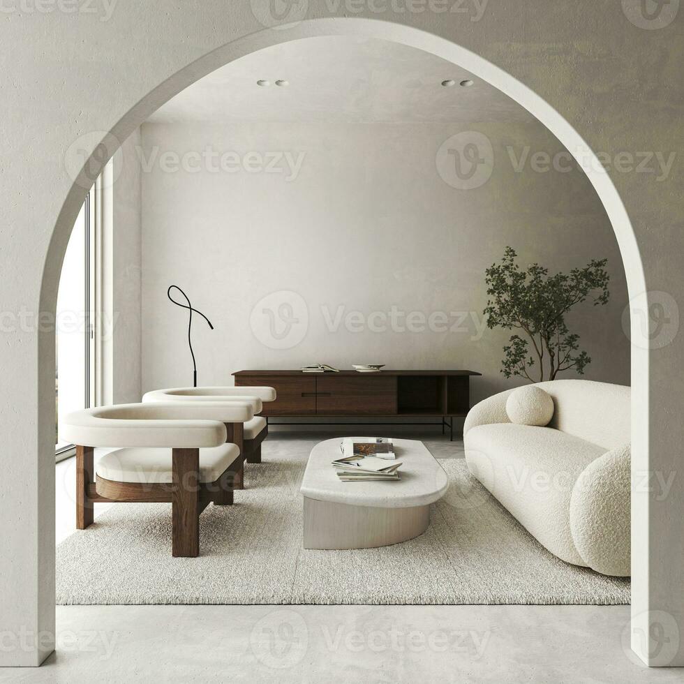 boho beige soggiorno con verde pianta e sedia sfondo. leggero moderno giapponese natura interno. 3d resa. alto qualità 3d illustrazione foto