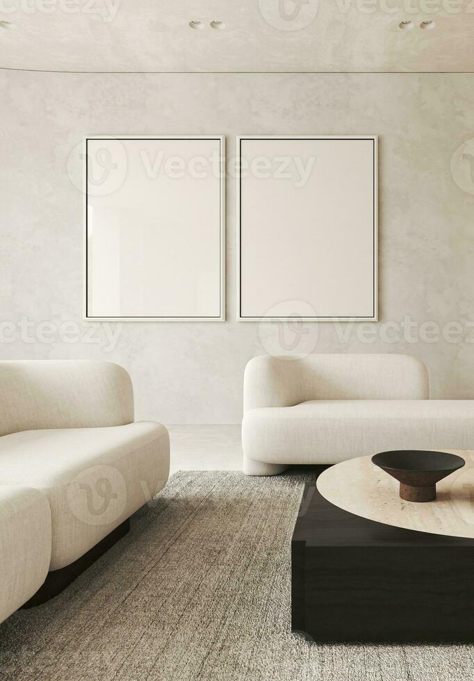 boho beige soggiorno con palma impianti e arredamento tappeto sfondo. leggero moderno giapponese natura Visualizza. 3d resa. alto qualità 3d illustrazione foto
