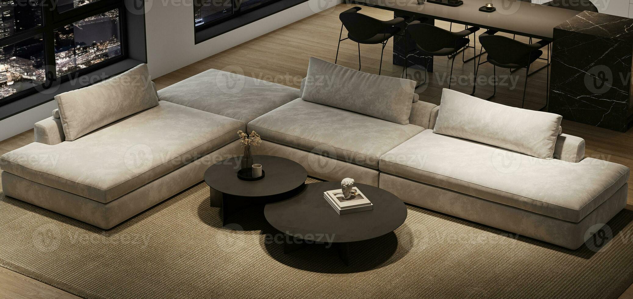 moderno minimalismo interno soggiorno con grande componibile divano, notte città Visualizza e marmo cucina isola. 3d resa. alto qualità 3d illustrazione foto