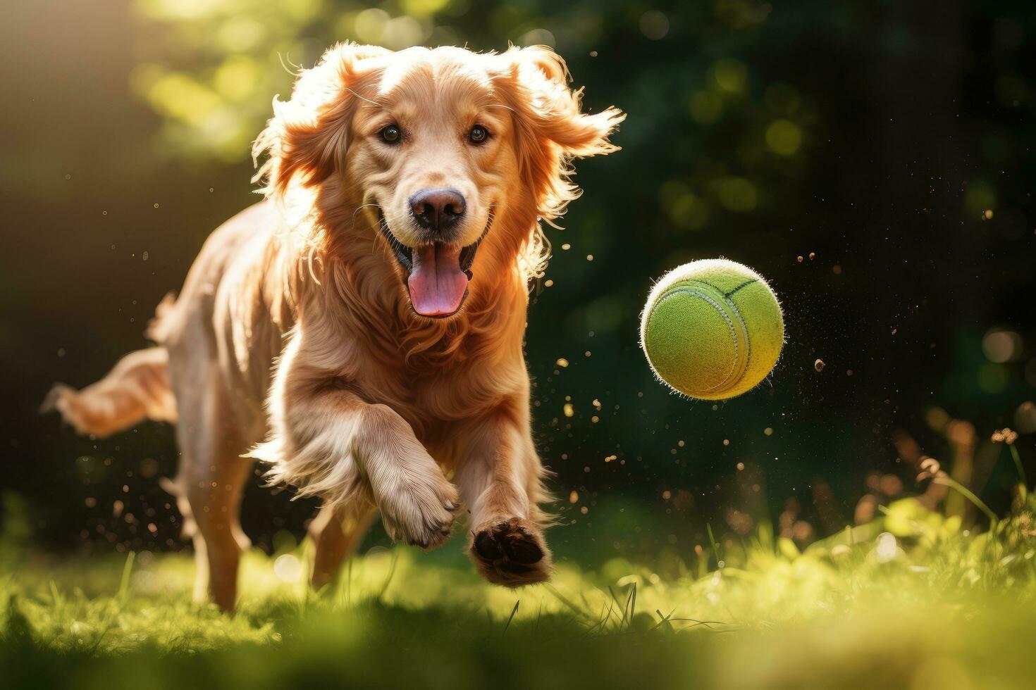 d'oro cane da riporto in esecuzione con un' tennis palla nel suo bocca, d'oro cane da riporto cane giocando con un' palla nel il giardino, ai generato foto