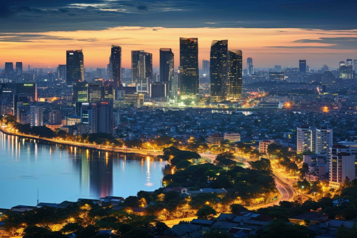 chao Phraya fiume e bangkok paesaggio urbano a crepuscolo, Tailandia, Hanoi orizzonte paesaggio urbano a crepuscolo periodo. causa giay parco, ovest di hanoi, ai generato foto