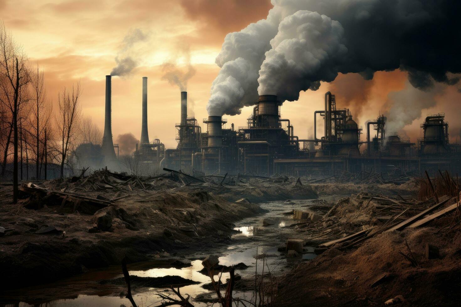 fabbrica inquinanti ambiente. inquinamento di il atmosfera. globale riscaldamento, inquinamento di il pianeta e atmosfera con dannoso emissioni, ai generato foto