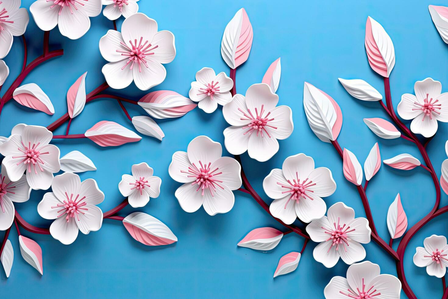 ciliegia fiorire su blu sfondo. 3d illustrazione. carta tagliare stile, rosa e bianca fiori su un' blu sfondo, ai generato foto