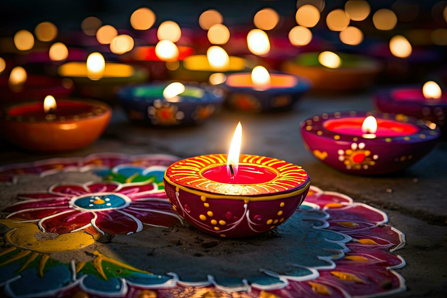 indiano Festival diwali, diya olio lampade illuminato su colorato rangoli. indù tradizionale, olio lampade illuminato su colorato rangoli durante Diwali celebrazione, ai generato foto