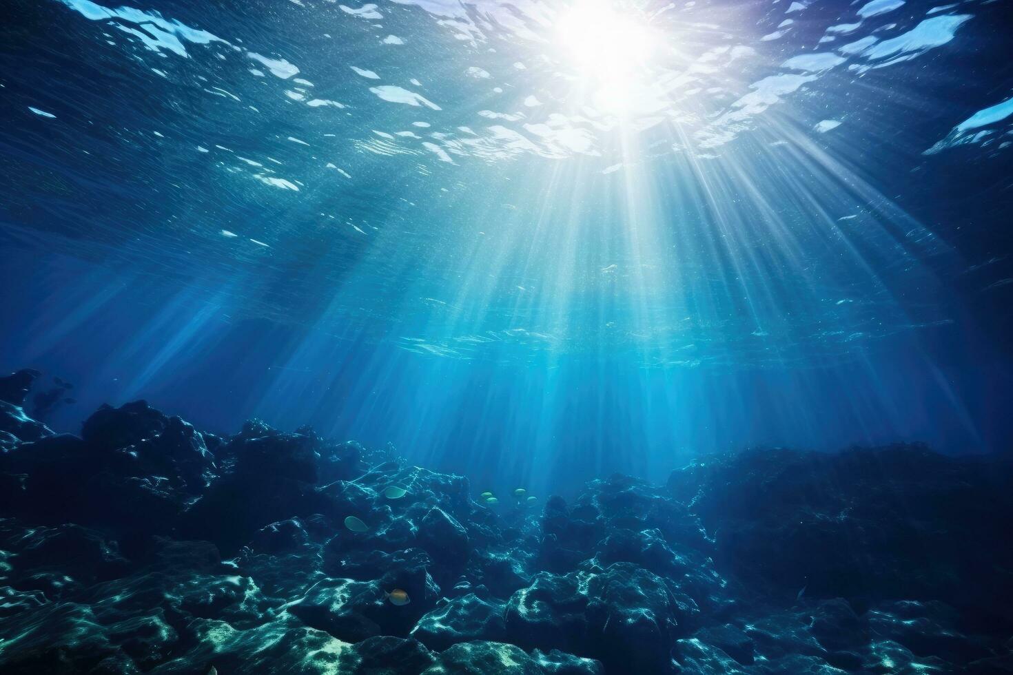 subacqueo Visualizza di il raggi di sole rottura attraverso il acqua superficie, subacqueo oceano blu abisso con luce del sole immersione e autorespiratore sfondo, ai generato foto