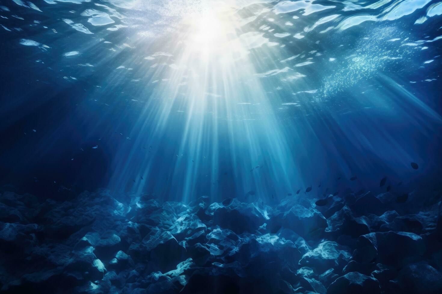 subacqueo scena con raggi di sole splendente attraverso il acqua superficie, subacqueo oceano blu abisso con luce del sole immersione e autorespiratore sfondo, ai generato foto