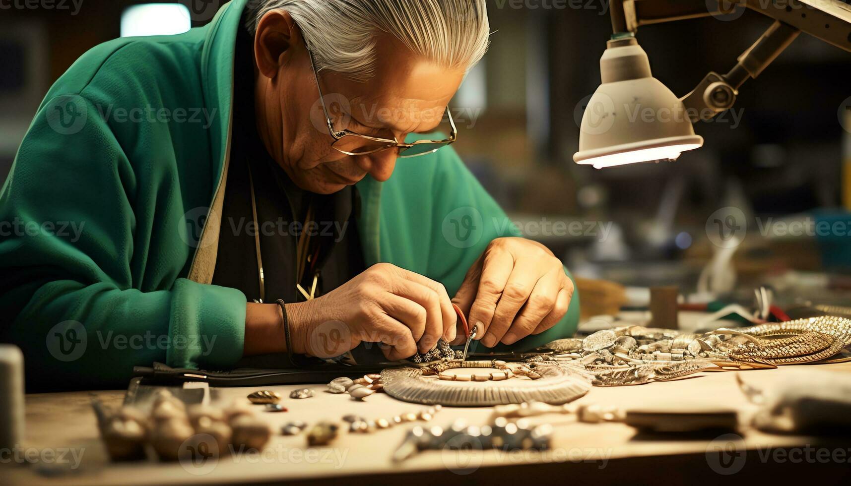 un' uomo è Lavorando su un' orologio nel un' laboratorio ai generato foto