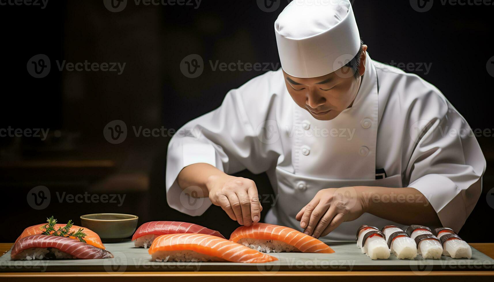 un' capocuoco è preparazione Sushi su un' taglio tavola ai generato foto