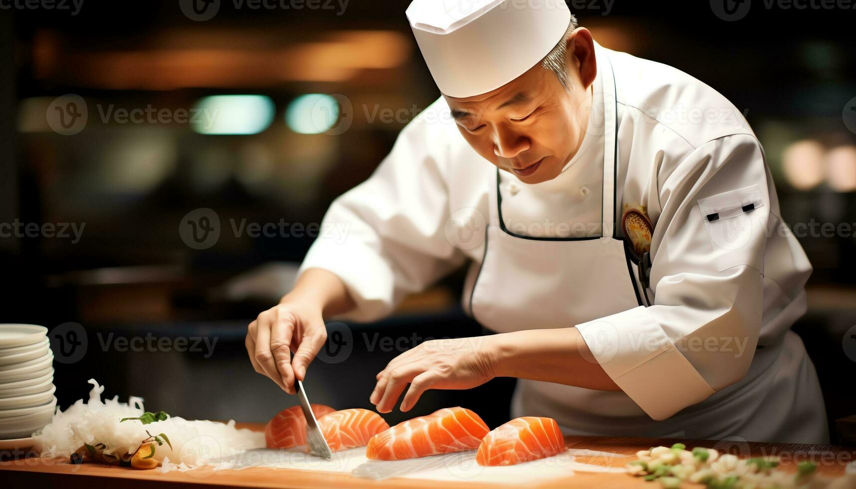 un' capocuoco è preparazione Sushi su un' taglio tavola ai generato foto