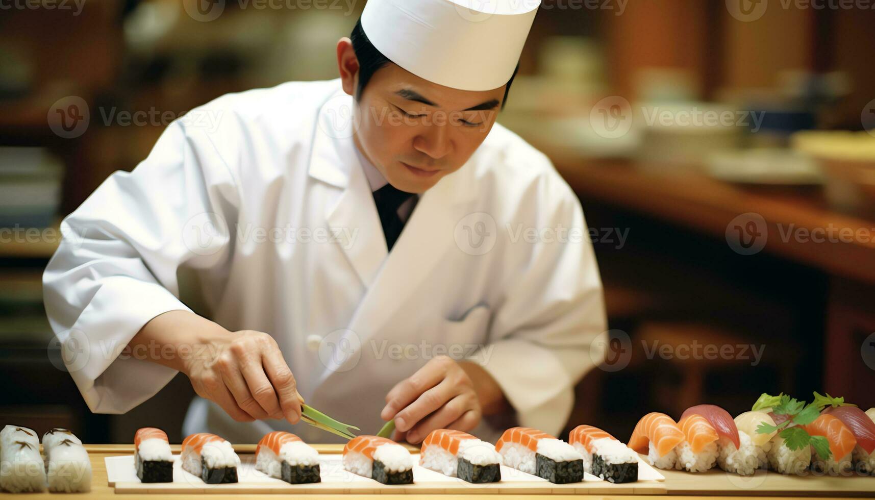 un' capocuoco è preparazione Sushi su un' taglio tavola ai generato foto