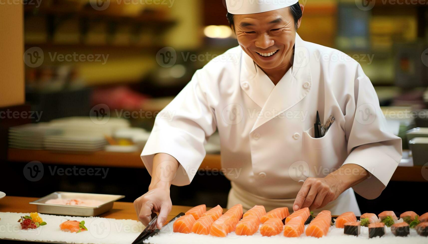 un' capocuoco è preparazione Sushi su un' taglio tavola ai generato foto