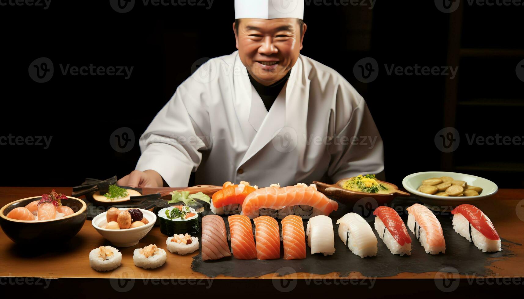 un' capocuoco è preparazione Sushi su un' taglio tavola ai generato foto