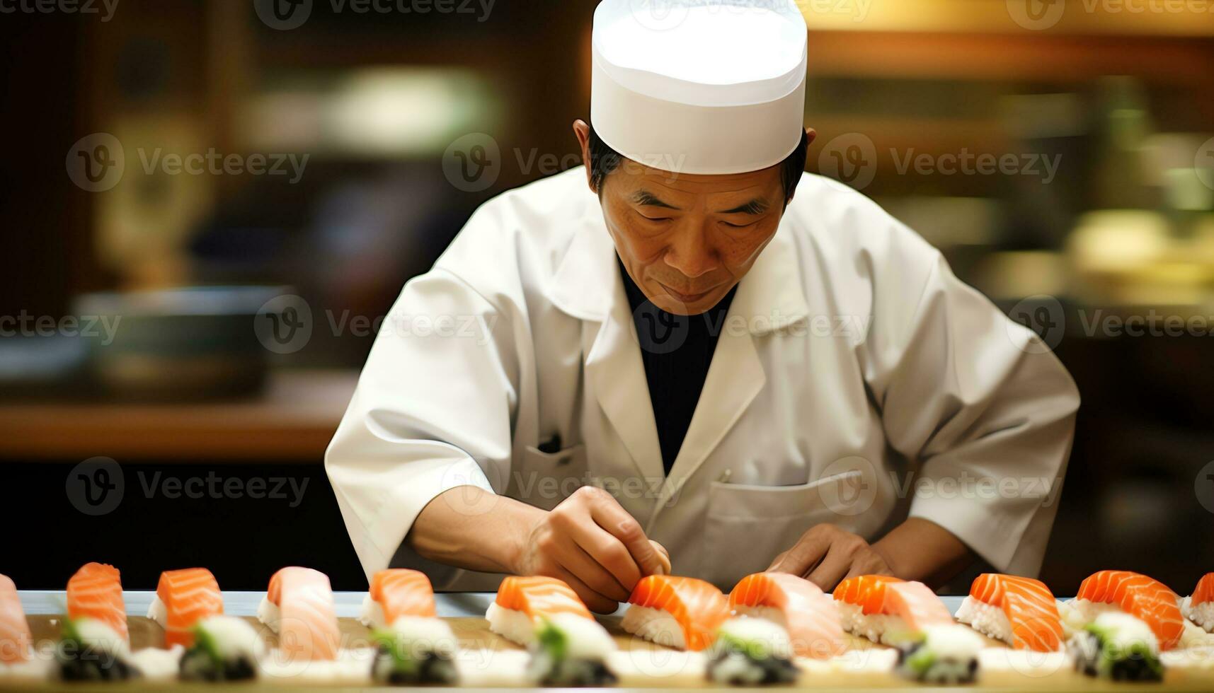 un' capocuoco è preparazione Sushi su un' taglio tavola ai generato foto