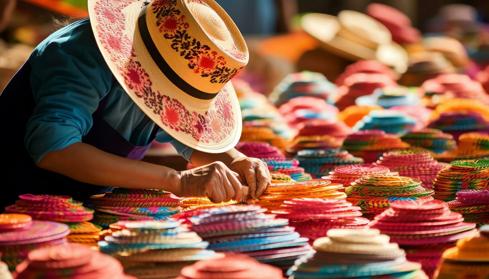 un' uomo nel un' cappello è Lavorando su un' tavolo con colorato cappelli ai generato foto